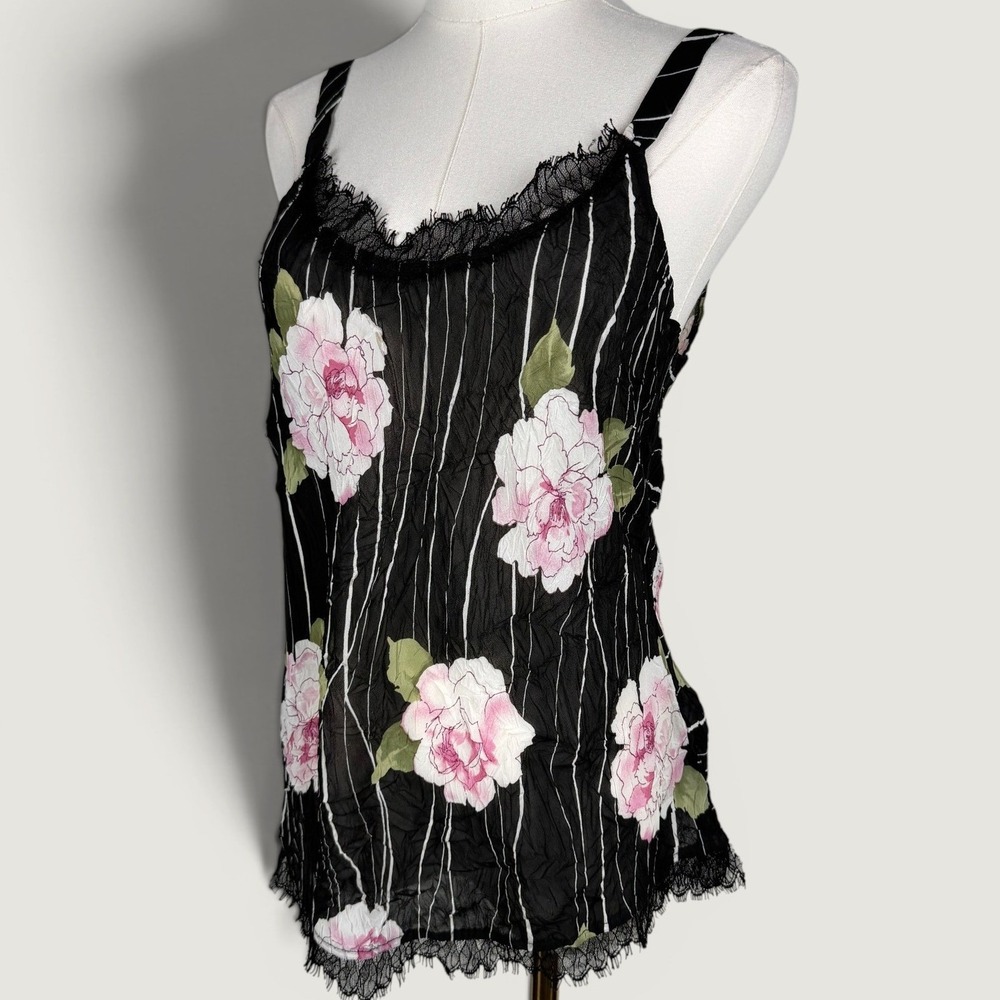 Komarov Y2K Floral Crinkle Lace Trim Cami Top Size M Whimsigoth Romantic